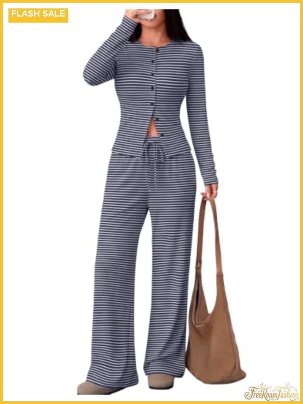 Women's 2 Piece Lounge Set Long Sleeve Button Top Wide Leg Pants Matching